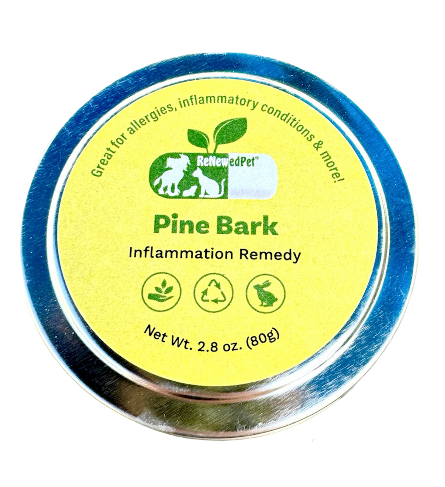 ReNewedPet inflammation support pine bark powder in 1.2 oz and 16.62 oz containers, natural health supplement for inflammation relief.