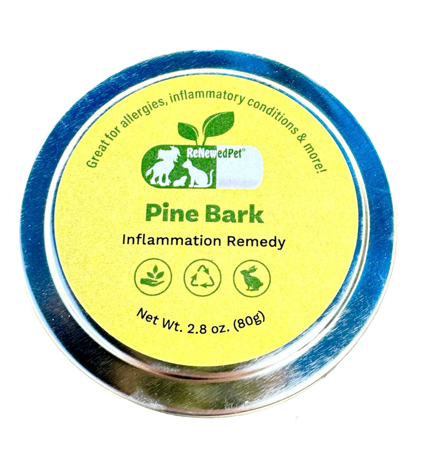 ReNewedPet inflammation support pine bark powder in 1.2 oz and 16.62 oz containers, natural health supplement for inflammation relief.