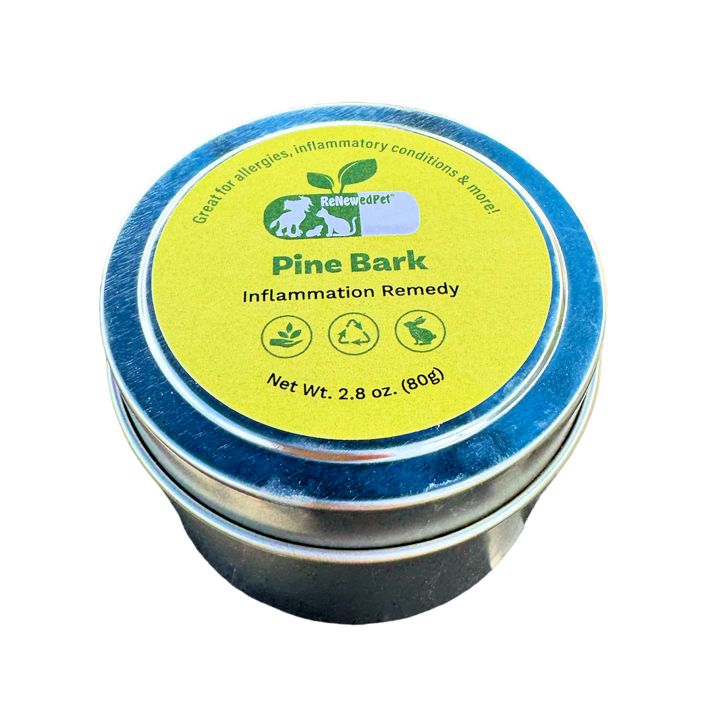 ReNewedPet Pine Bark Powder for inflammation support, natural health supplement in a 1-2 oz or 16.62 oz container.