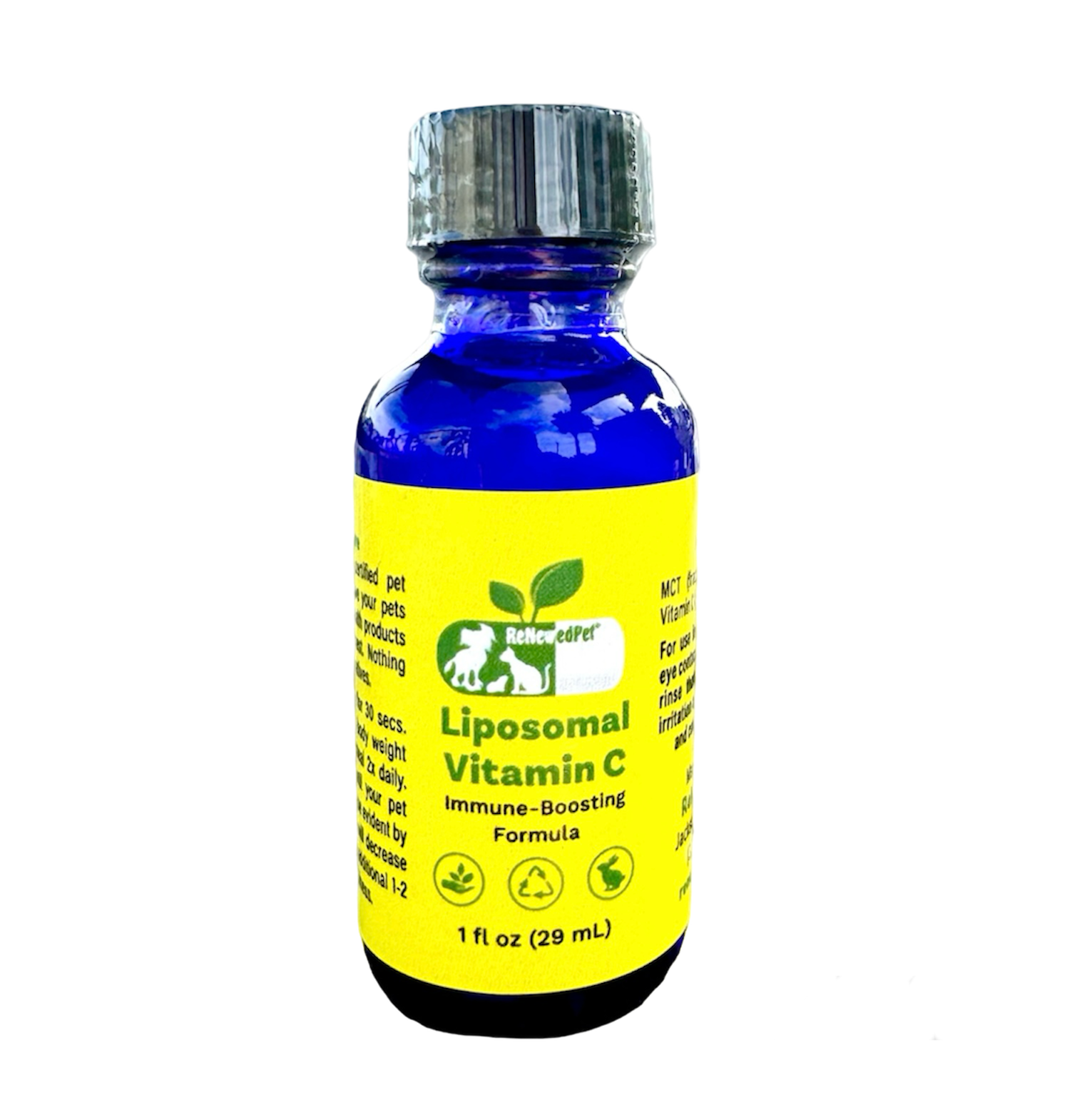 ReNewedPet immune health liquid pet vitamin C in a 1 oz bottle, designed to support pet immune systems and overall health.