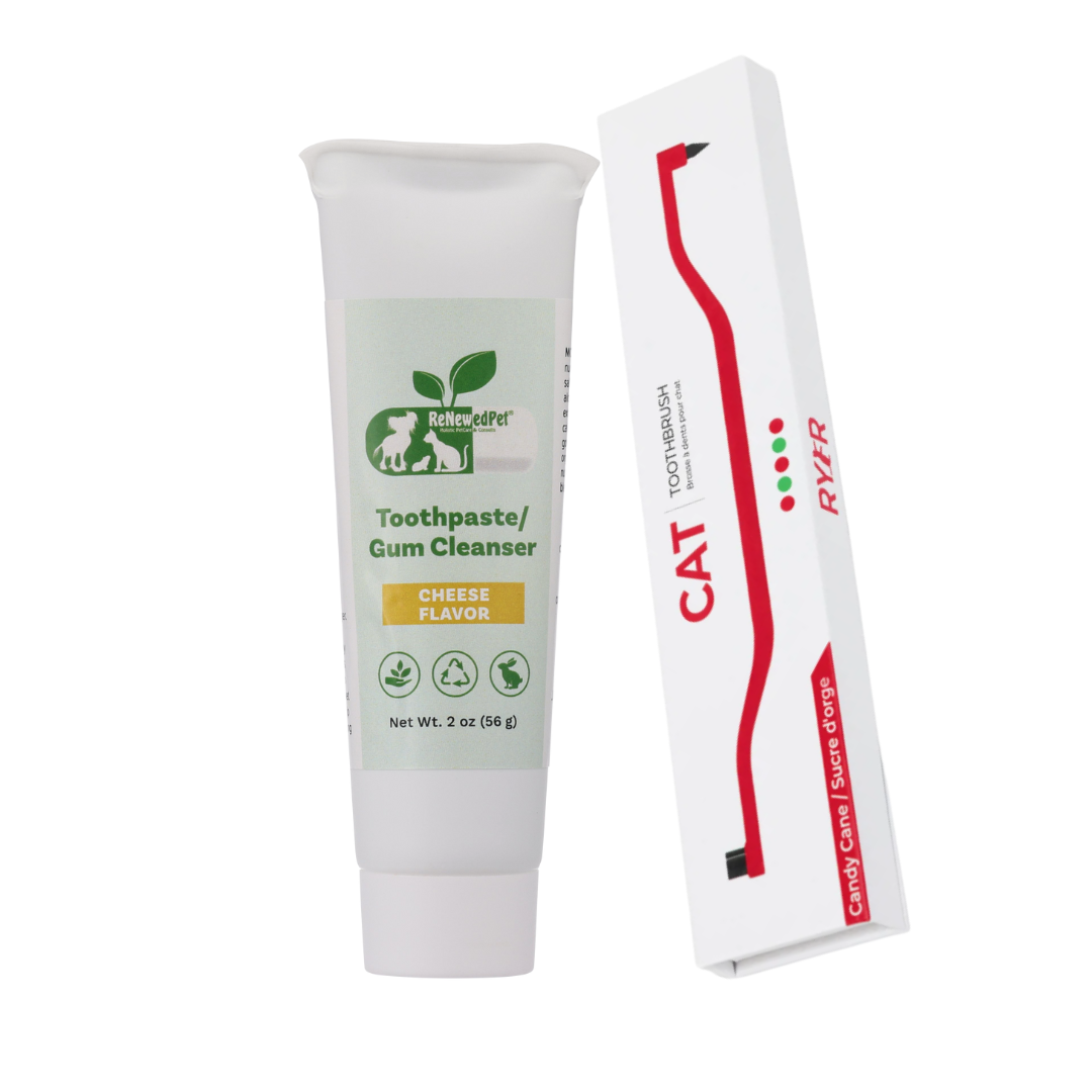 ReNewedPet 4-all Pets Toothpaste and Gum Cleanser for dogs, cheese flavor, pet grooming product with toothbrush.