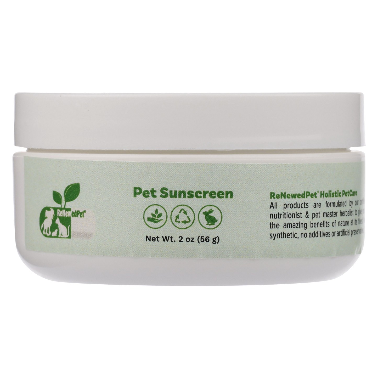ReNewedPet 4-All Pets Sunscreen bottle, pet grooming product for protecting pets' skin from sun exposure.