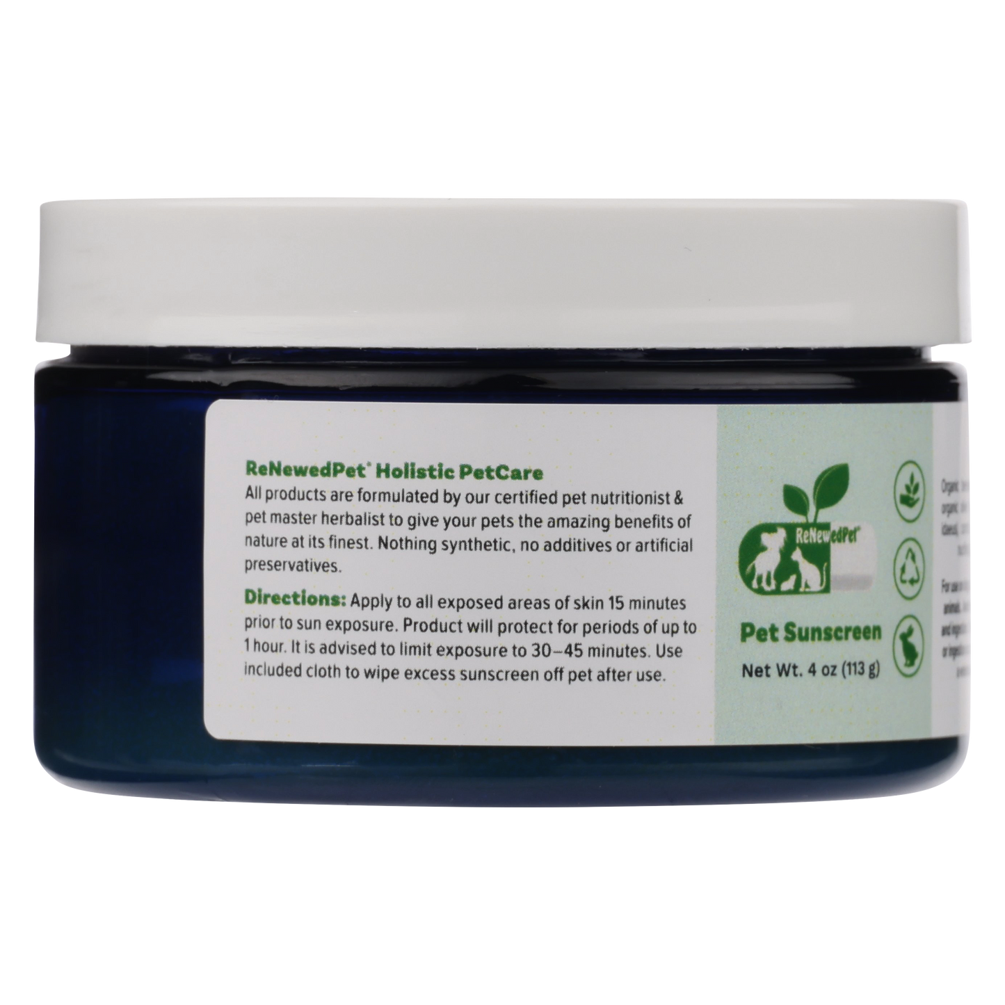 ReNewedPet 4-ALL Pets Sunscreen bottle, pet grooming product for sun protection, 1 oz size with label visible.