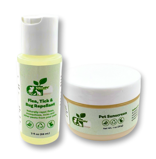 ReNewedPet outdoor safety kit with pet sunscreen and flea, tick, bug repellent in 1oz and 2oz bottles for pet grooming.