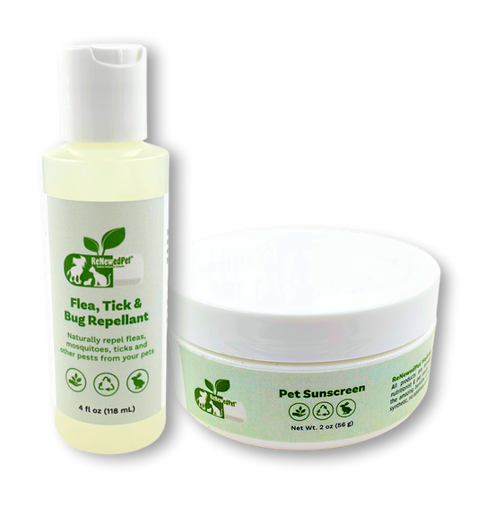 ReNewedPet outdoor safety kit with pet sunscreen and flea, tick, bug repellent for grooming and outdoor protection.