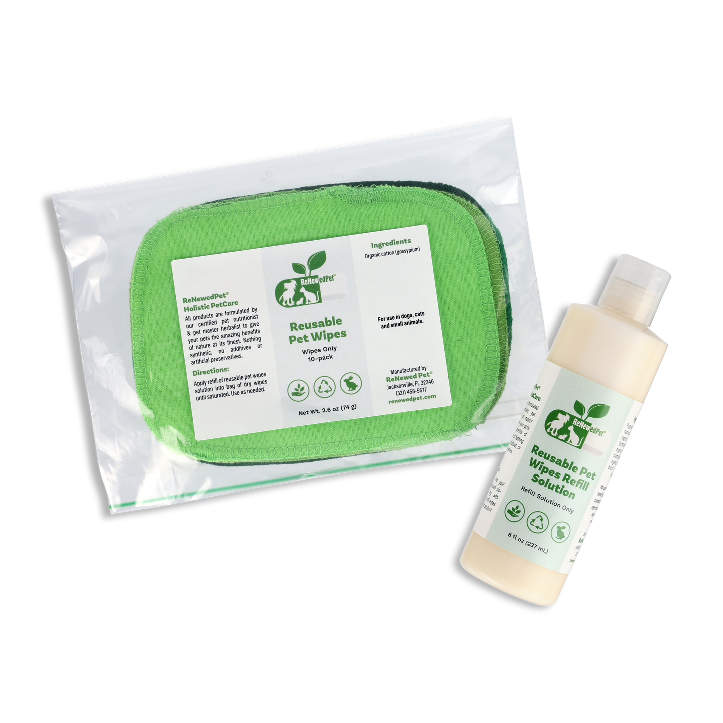 Reusable pet wipes by ReNewedPet for grooming, showing four all-purpose pet wipes on a clean surface.