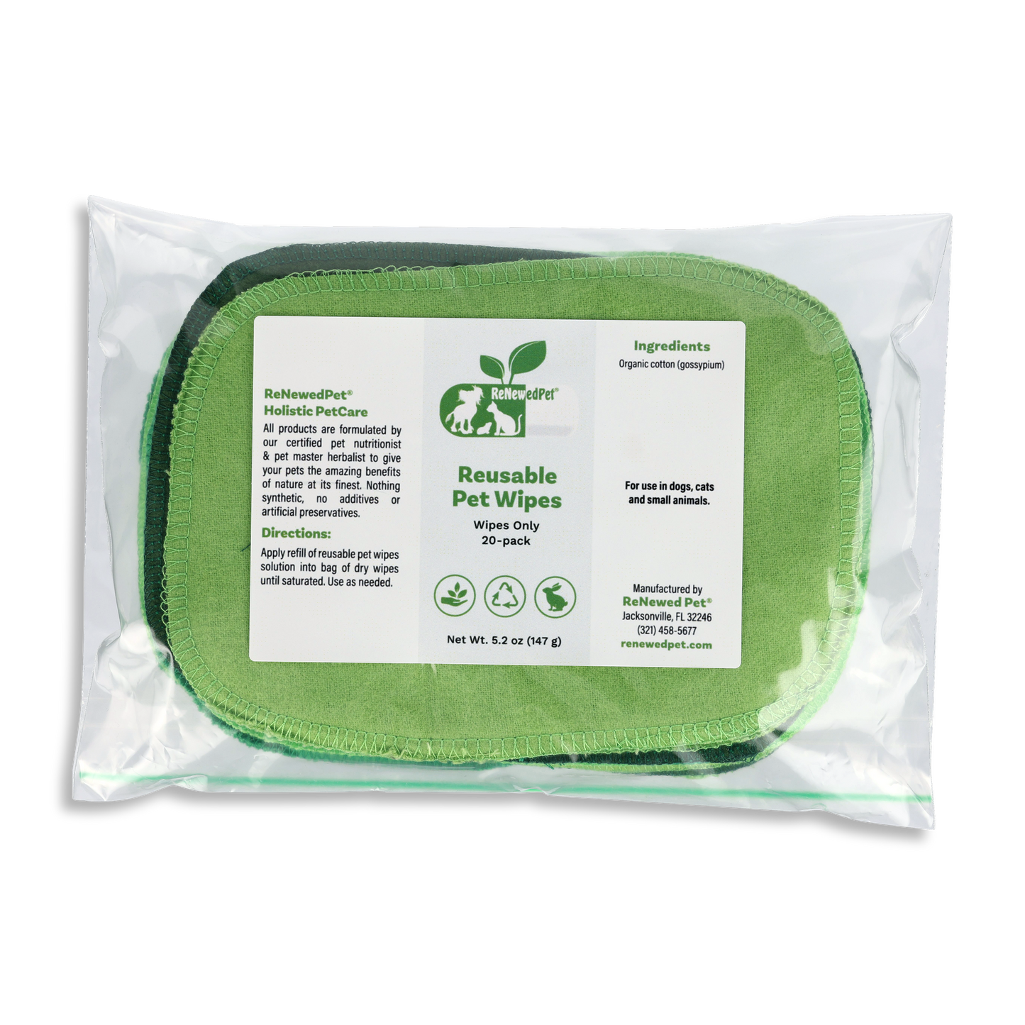 Reusable pet wipes by ReNewedPet for all pets, shown in a pack of 10, ideal for grooming and cleaning pets.
