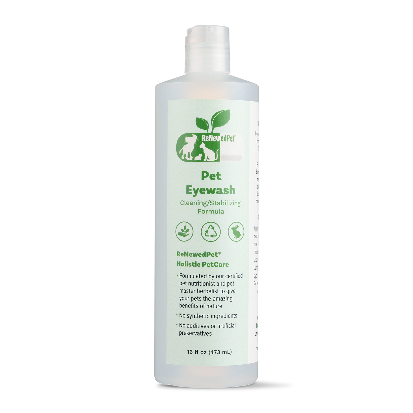 ReNewedPet 4-All Pets Eyewash for pet grooming, clear solution in a 2 oz or 7.47 oz bottle, suitable for cleaning pet eyes.