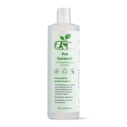 ReNewedPet 4-ALL PETS EYEWASH bottle for pet grooming, 2 oz and 7.47 oz sizes, without cotton pads, suitable for all pets.