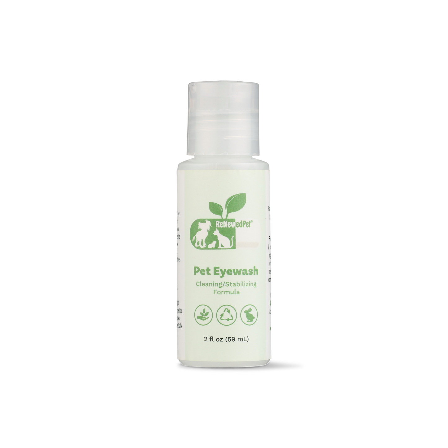 ReNewedPet 4-ALL Pets Eyewash bottle for pet grooming, clear solution in 2 oz to 7.47 oz bottles, suitable for soothing pet eyes.