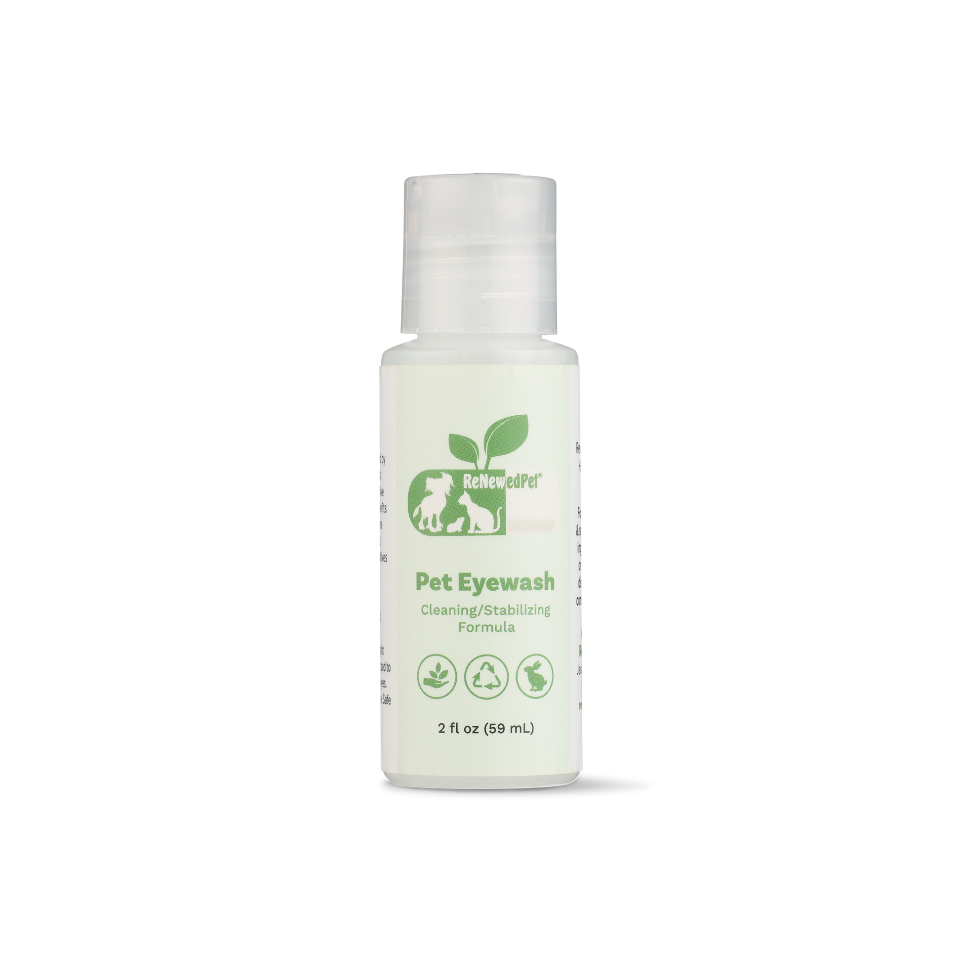 ReNewedPet 4-ALL Pets Eyewash bottle for pet grooming, clear solution in 2 oz to 7.47 oz bottles, suitable for soothing pet eyes.
