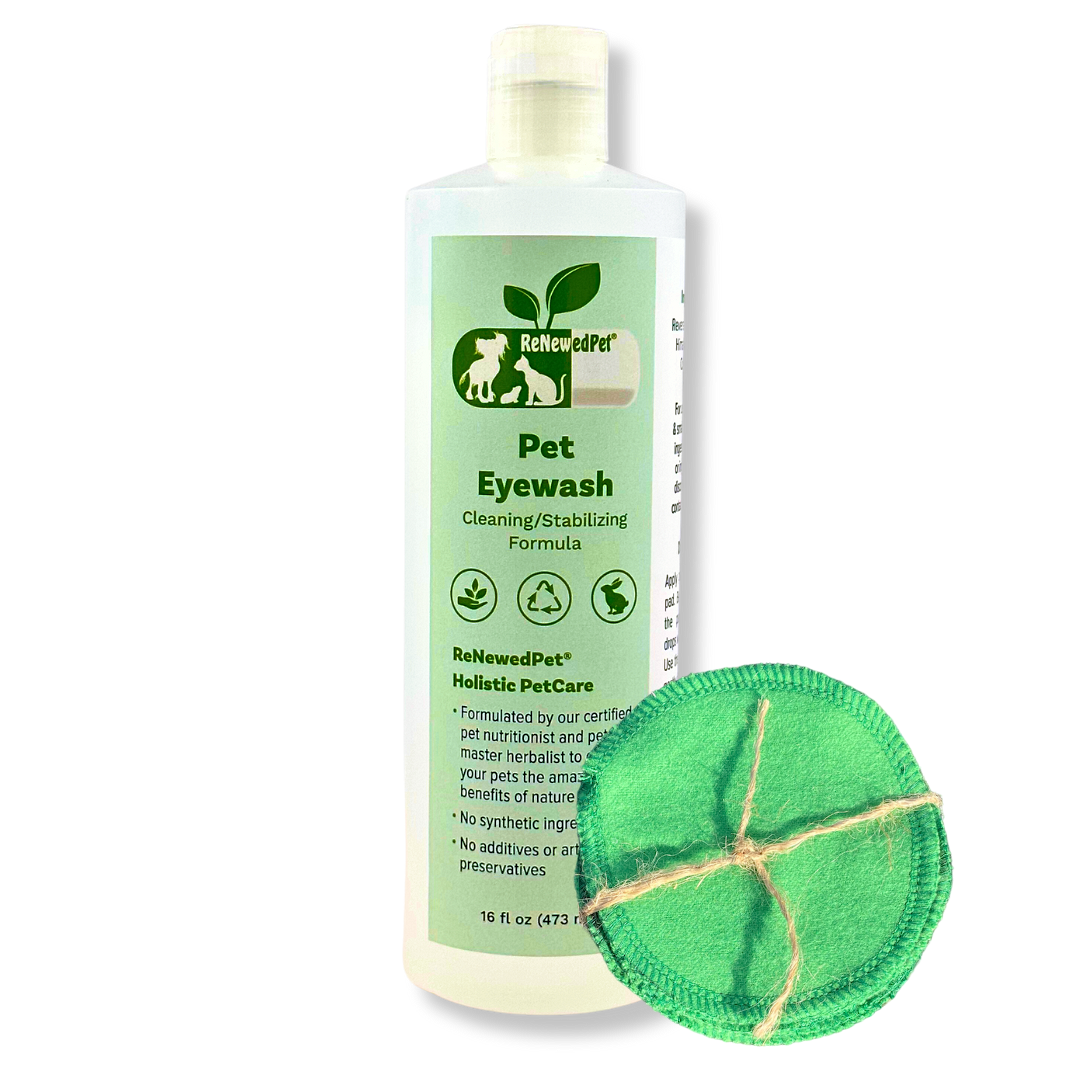 ReNewedPet 4-ALL PETS EYEVASH for gentle pet eye cleaning, shown in a 2 oz bottle, used for pet grooming and eye care.