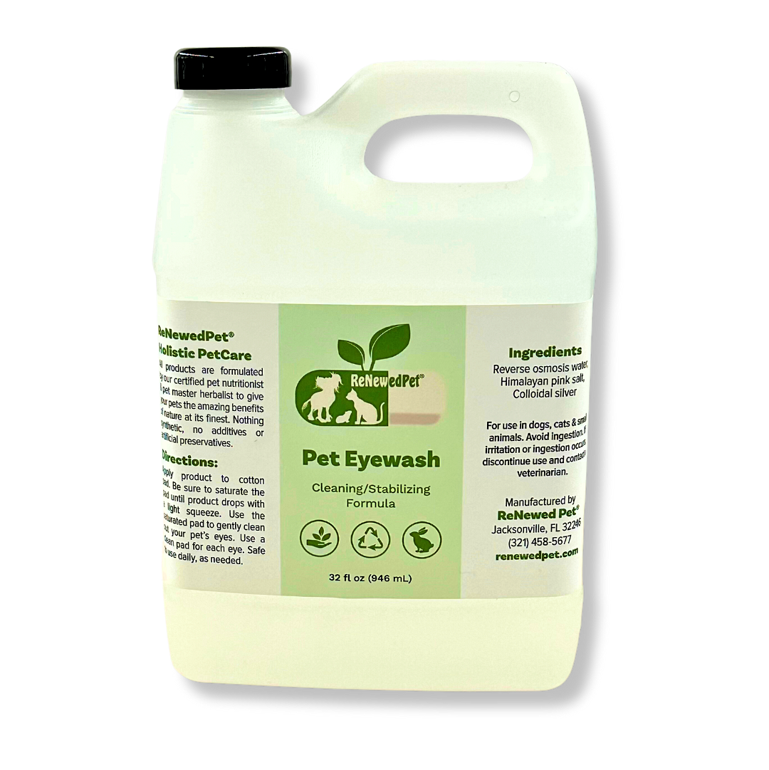 ReNewedPet 4-ALL PETS EYEWASH bottle for pet grooming, 2 oz to 7.47 oz, with clear liquid and no cotton pads visible.