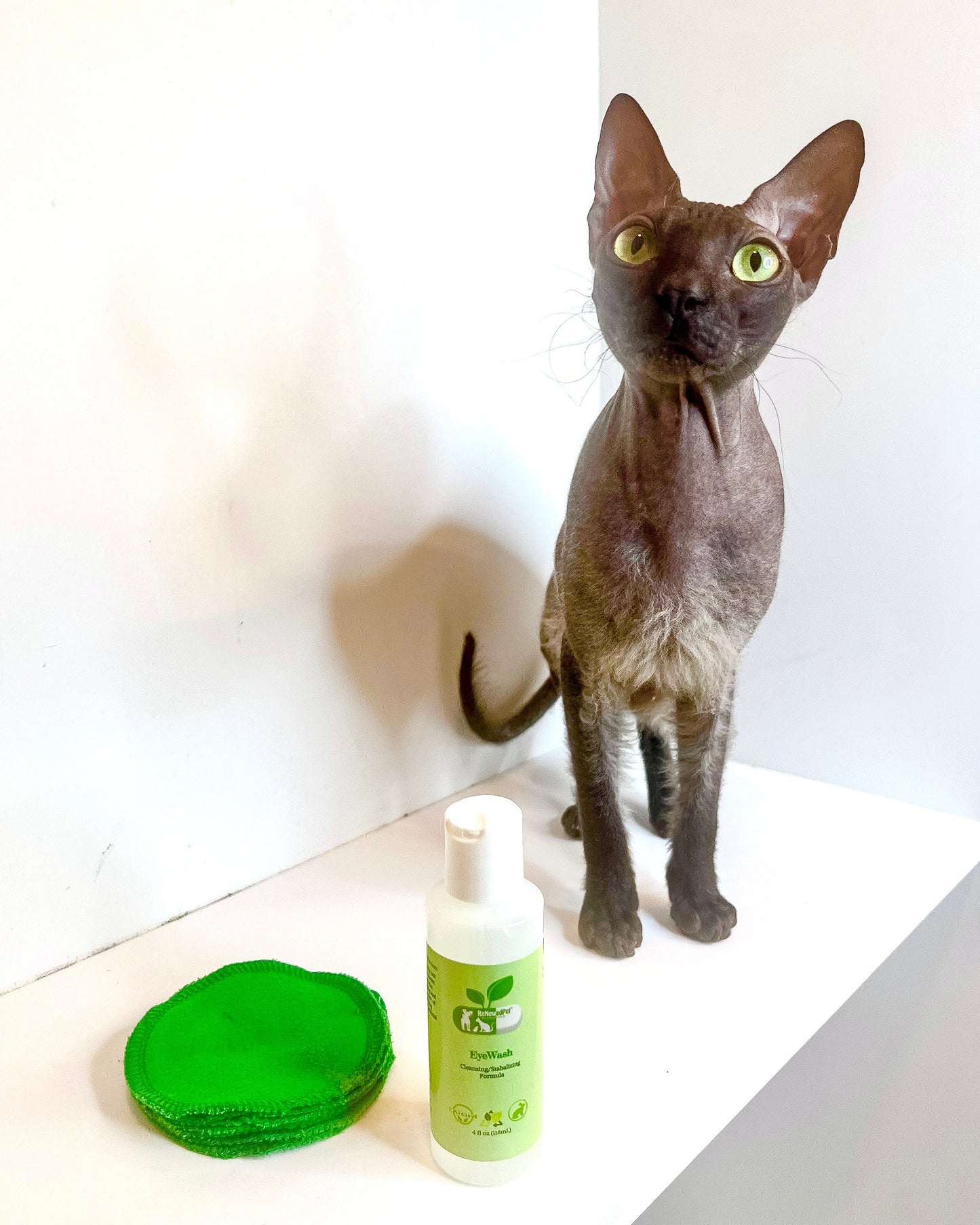 ReNewedPet 4-ALL PETS EYEWASH bottle for pet grooming, 2oz and 7.47oz sizes, without cotton pads, designed for eye cleaning.