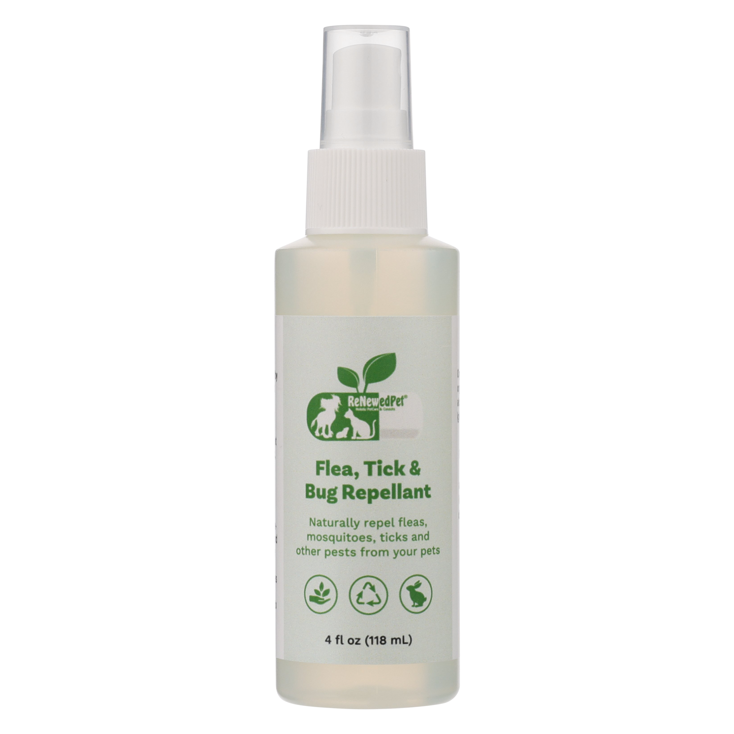ReNewedPet 4-ALL Pets flea, tick, and bug repellent for pet grooming, showing spray bottle with label and pet grooming tools.