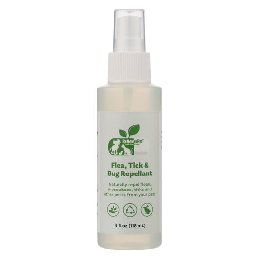 ReNewedPet 4-ALL Pets flea, tick, and bug repellent spray for pet grooming, shown in a 2 oz bottle.