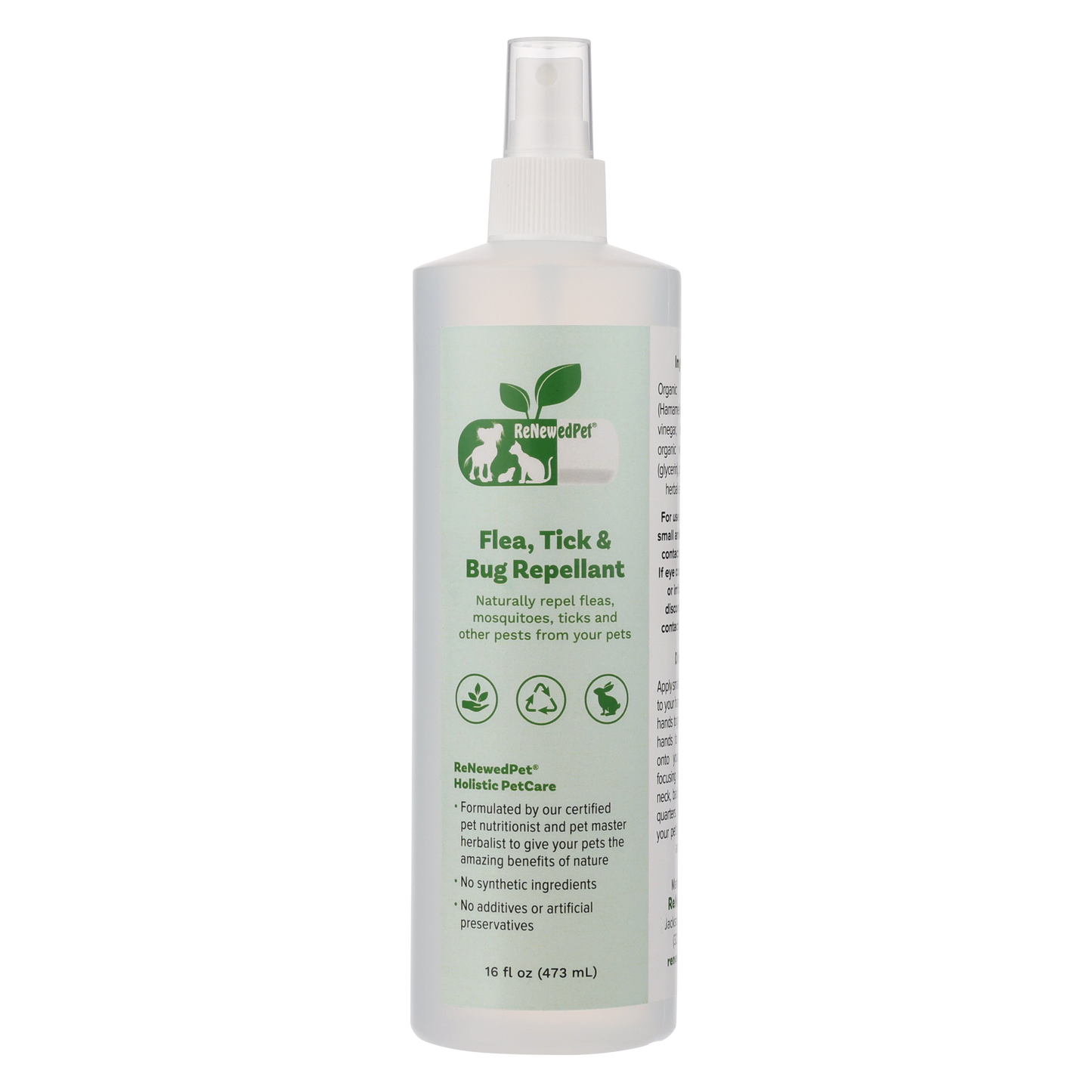 ReNewedPet 4-ALL Pets flea, tick, and bug repellent spray for pet grooming, showing the bottle and label details.