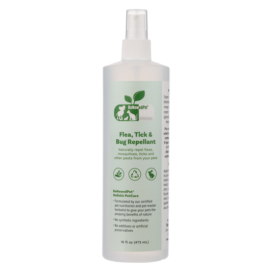 ReNewedPet 4-ALL Pets flea, tick, and bug repellent spray for pet grooming, showing the bottle and label details.