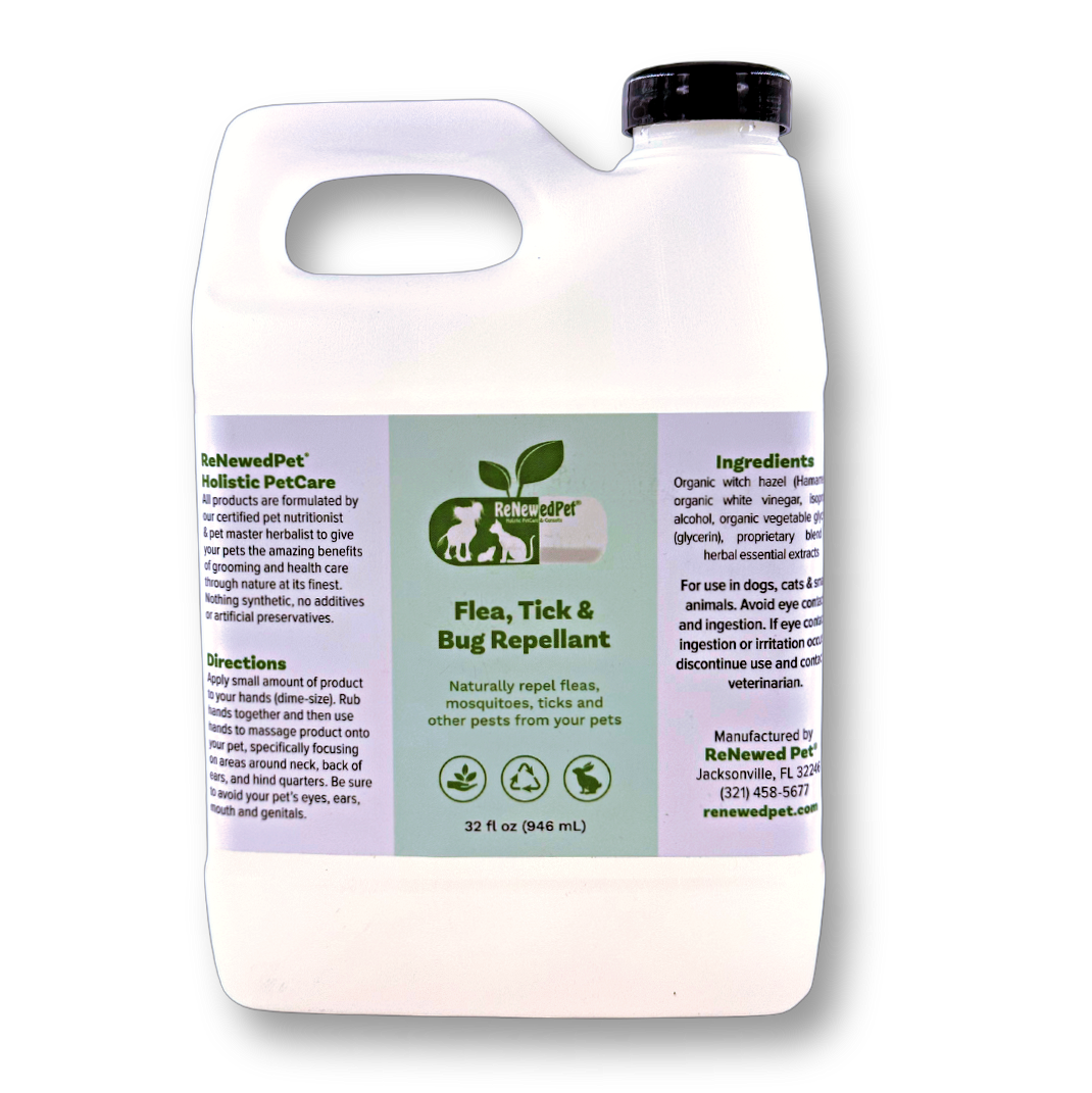 ReNewedPet 4-in-1 pet grooming flea, tick, and bug repellent spray for dogs and cats in a 2 oz bottle.