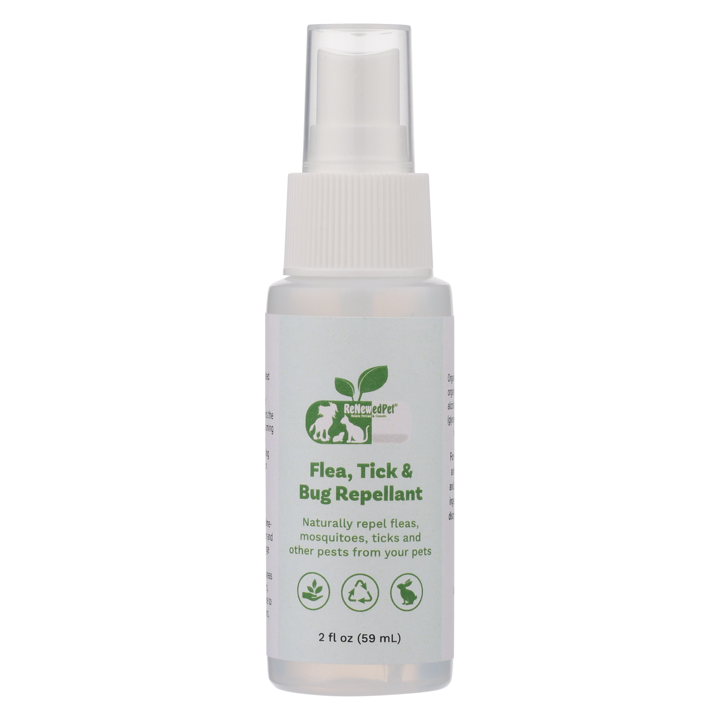 ReNewedPet 4-ALL Pets Flea, Tick, Bug Repellent for pet grooming, visible in a 2 oz bottle in this image.