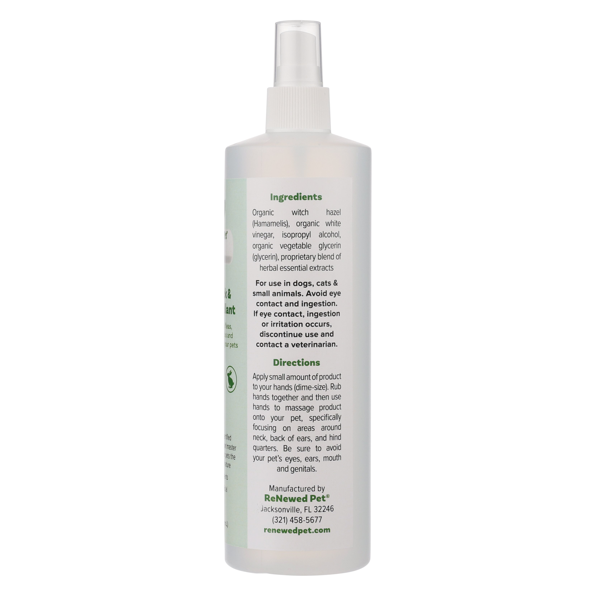 ReNewedPet 4-ALL Pets Flea, Tick, Bug Repellent for pet grooming, shows spray bottle and pet being treated.