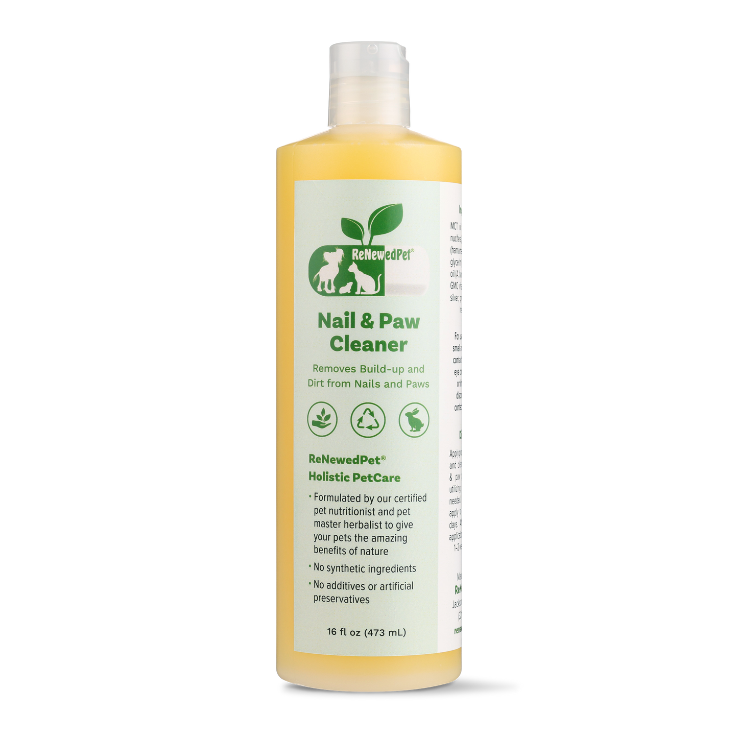 ReNewedPet 4-all pets nail and paw cleaner for gentle grooming of dogs and cats, handheld with cleaning solution.