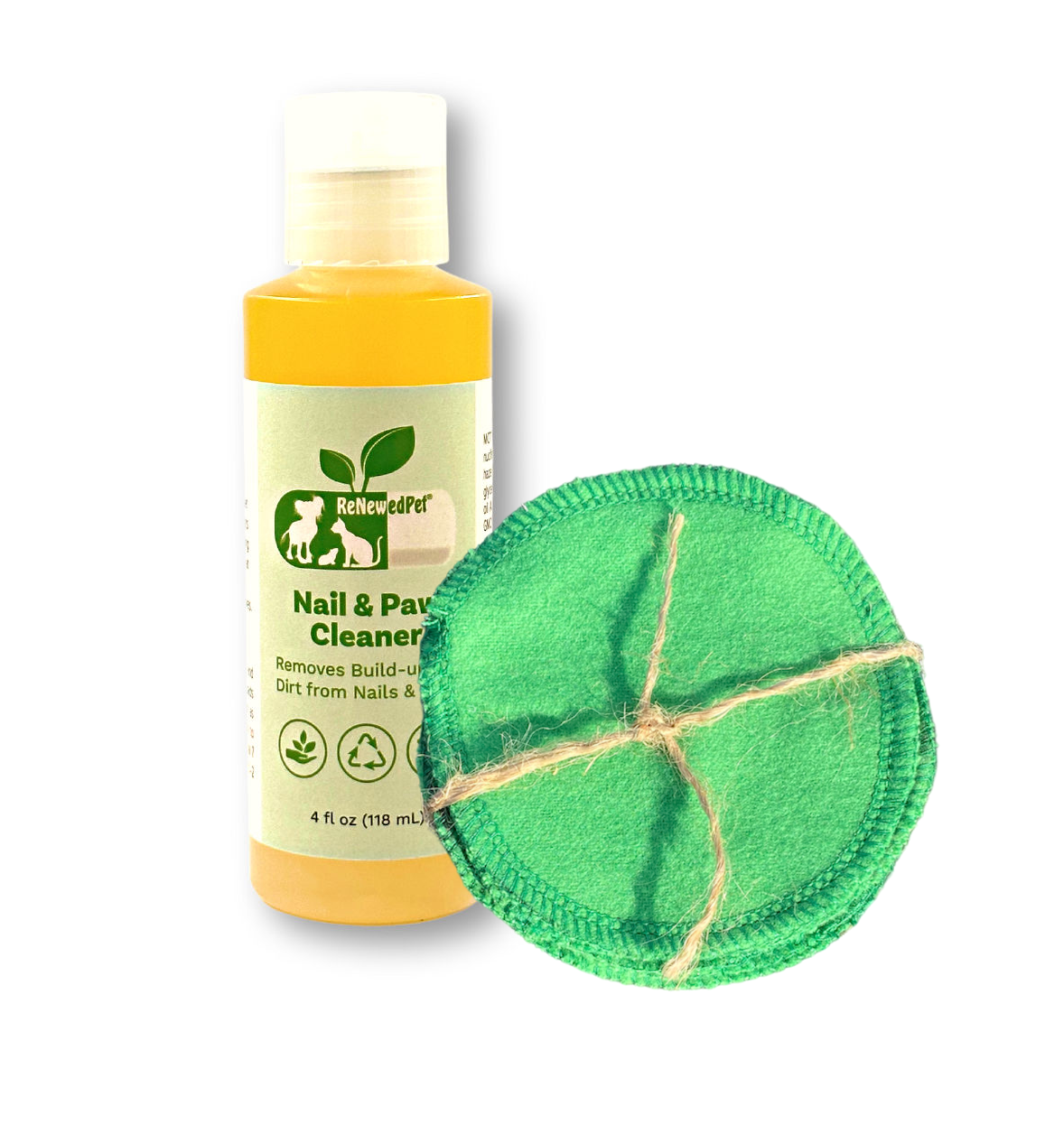 ReNewedPet 4-all pets nail and paw cleaner shown with cleaning tool and solution for effective pet grooming.