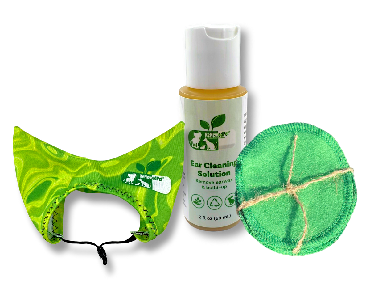 ReNewedPet ear care kit with 2 oz ear drops for pet grooming, includes 10-pack for healthy pet ears.