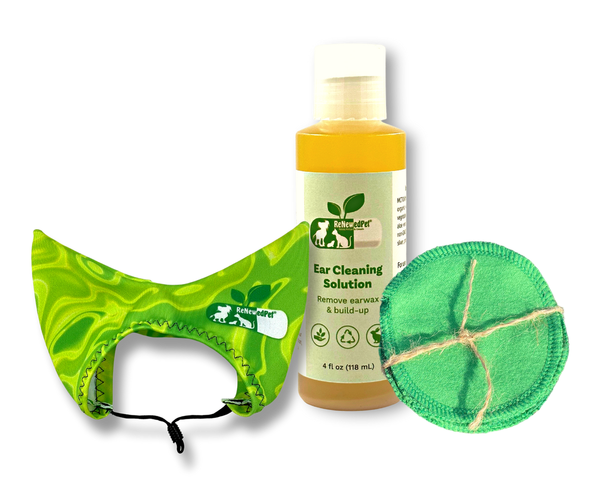 ReNewedPet Ear Care Kit for pets, includes 10 small 2 oz ear drops for grooming and ear health.