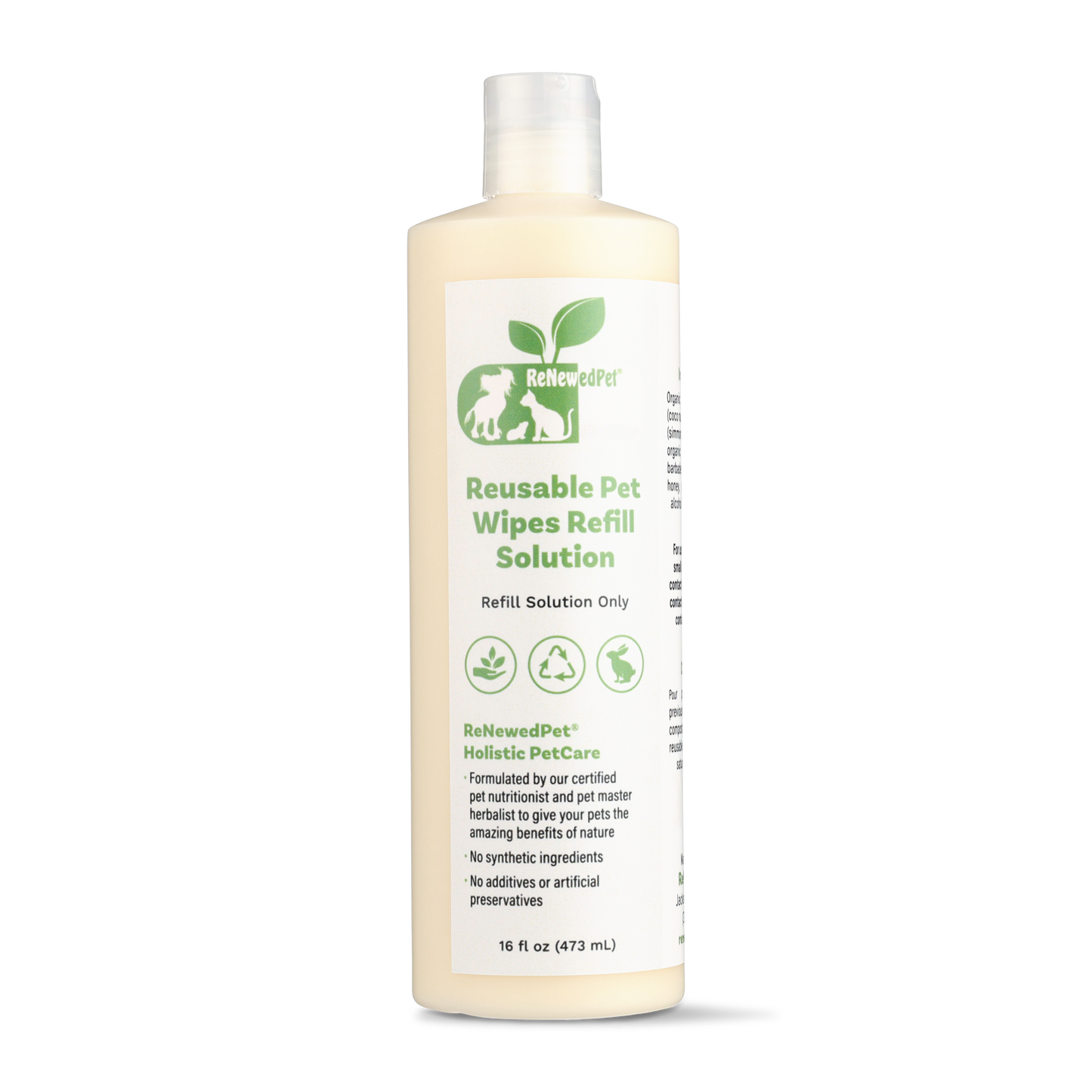 ReNewedPet reusable pet wipes solution for grooming, featuring a bottle of 8 oz and 2.61 oz sizes, for cleaning pets.