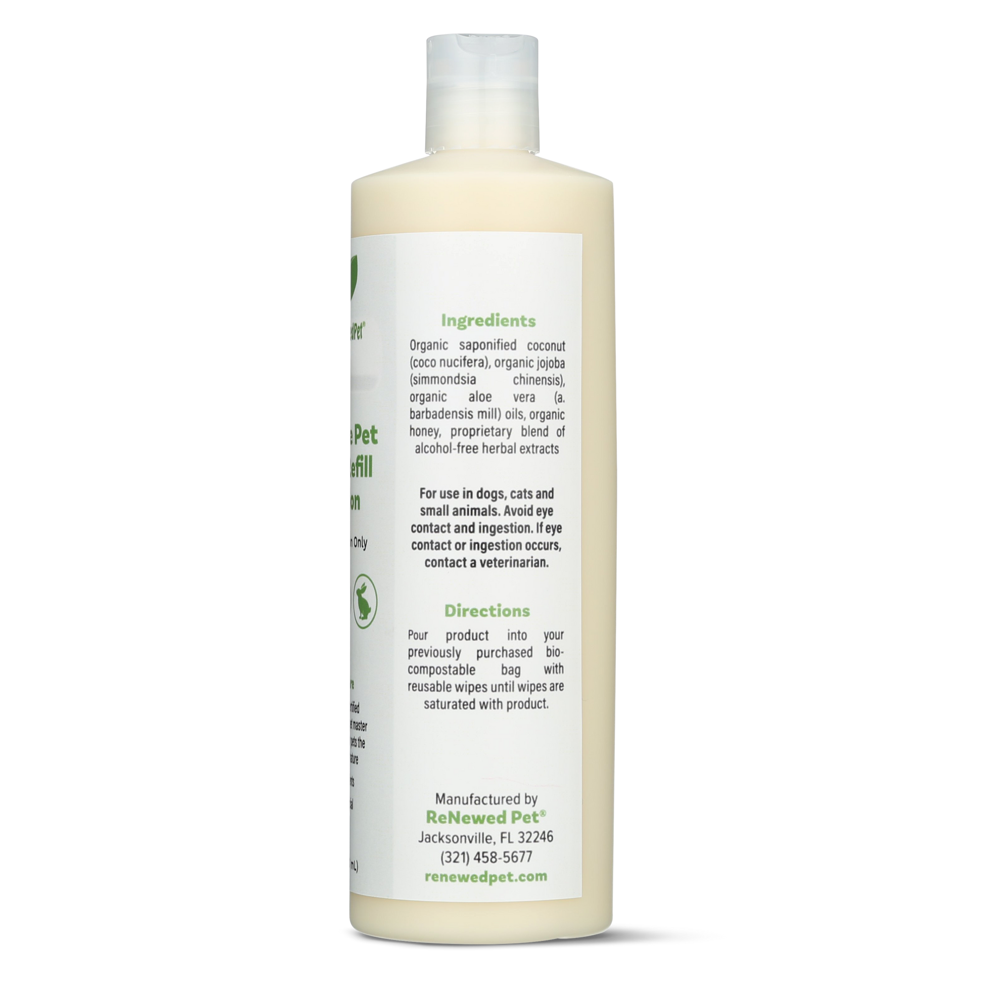 ReNewedPet reusable pet wipes solution in a bottle, designed for pet grooming and cleaning all pets effectively.