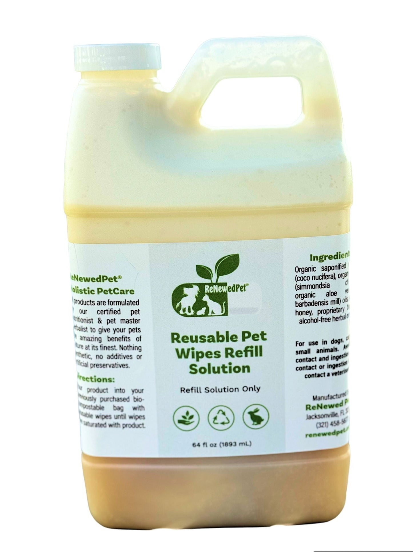 ReNewedPet 4-all pets reusable pet wipes solution in an 8 oz and 2.61 oz bottles for grooming and cleaning pets.