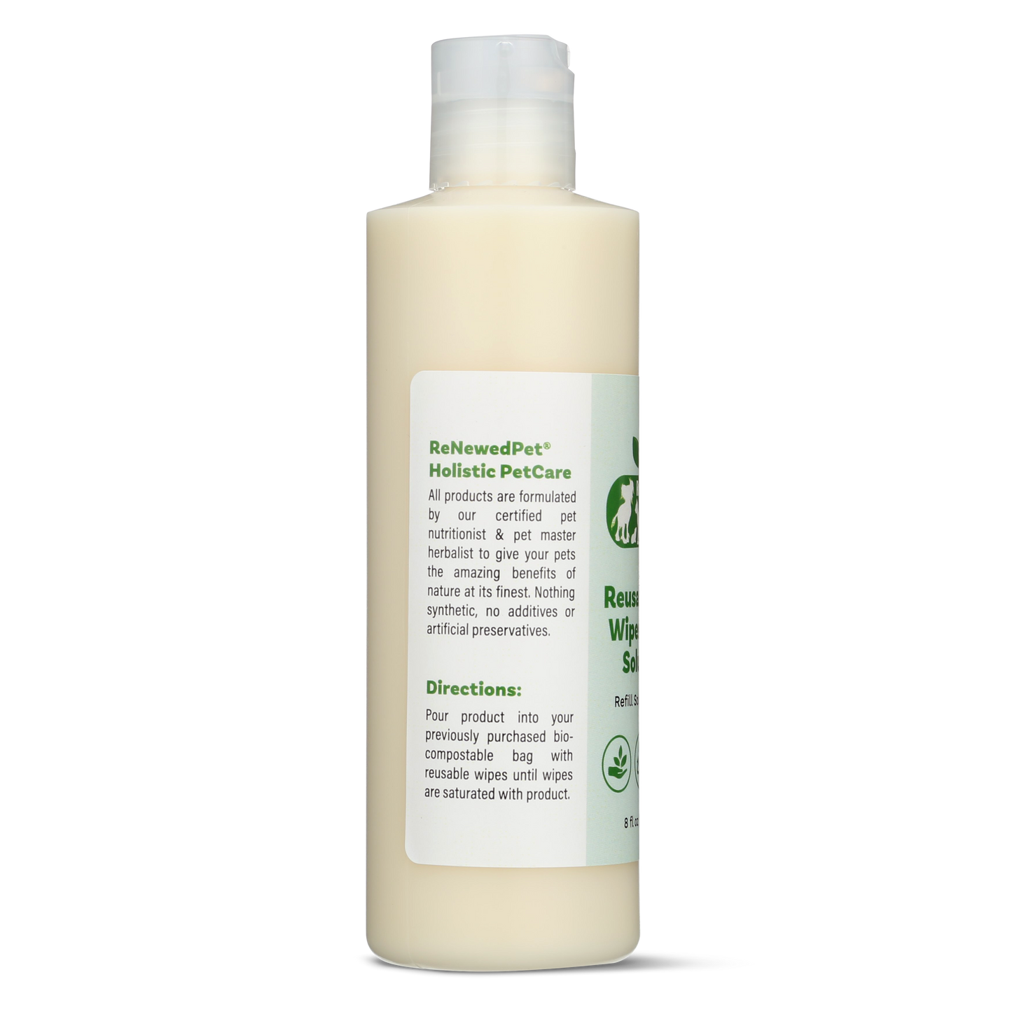 ReNewedPet reusable pet wipes solution for grooming, featuring a bottle of 8 oz and 2.61 oz sizes for cleaning pets.