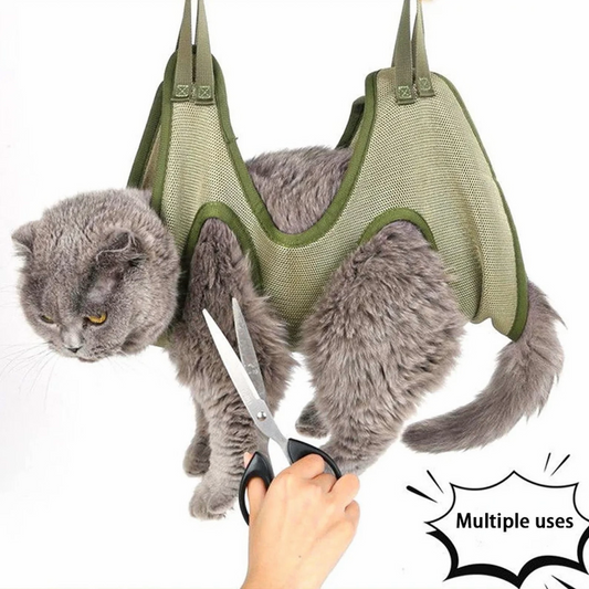 ReNewedPet pet grooming sling, adjustable grooming support for cats and dogs, with padded straps and secure design.