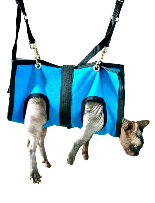 Black ReNewedPet pet grooming sling for easy grooming and handling of small pets during grooming sessions.
