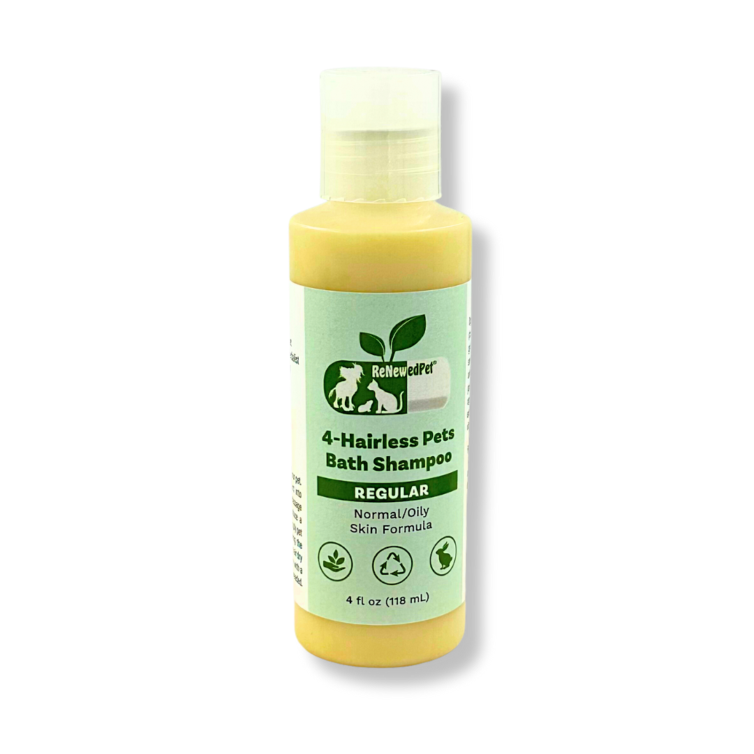 ReNewedPet Pet Health Grooming shampoo samples for hairless pets, ideal for regular baths and skin care.