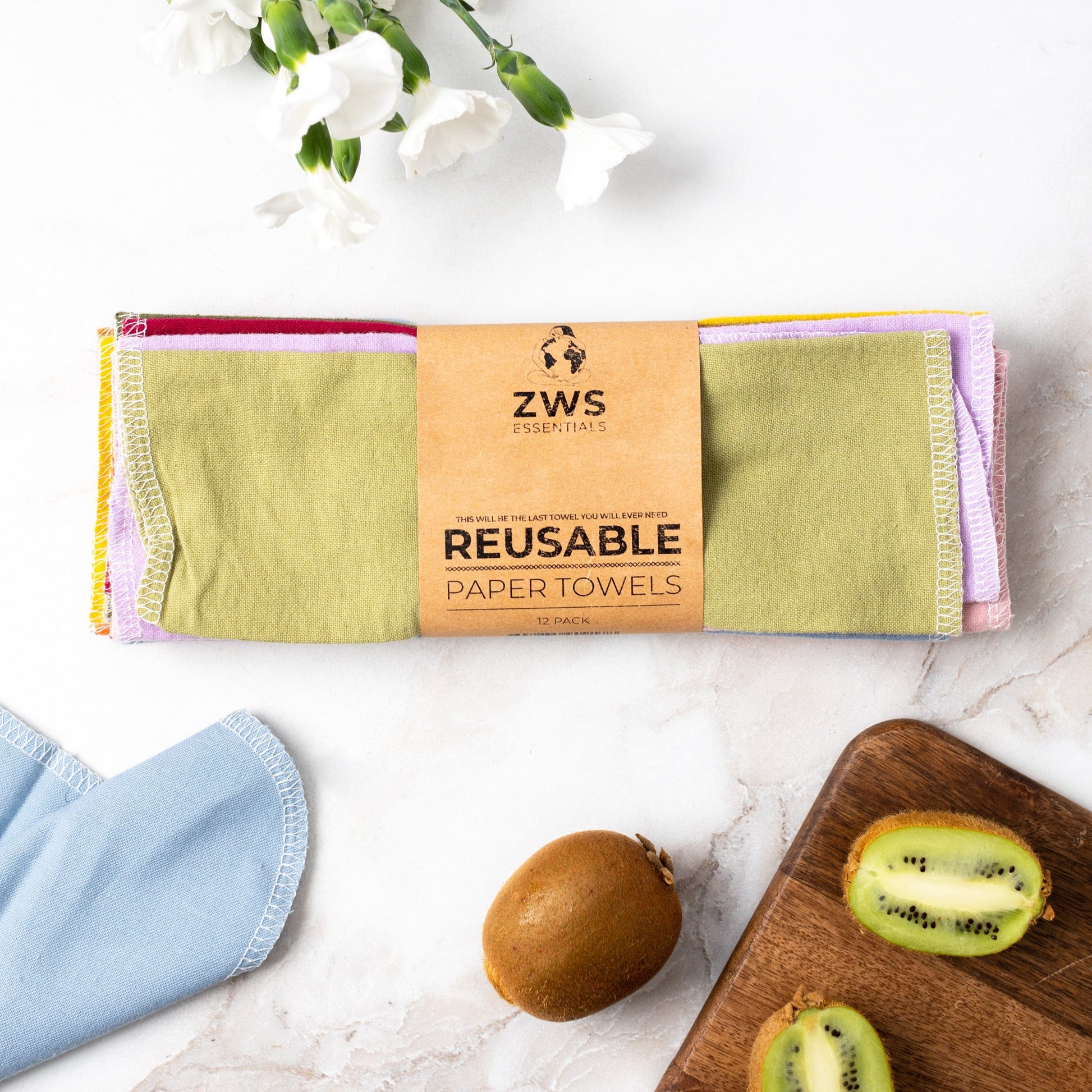 Set of 12 reusable paper towels in earth tones, eco-friendly cloth towels from ZeroWasteStore.com.