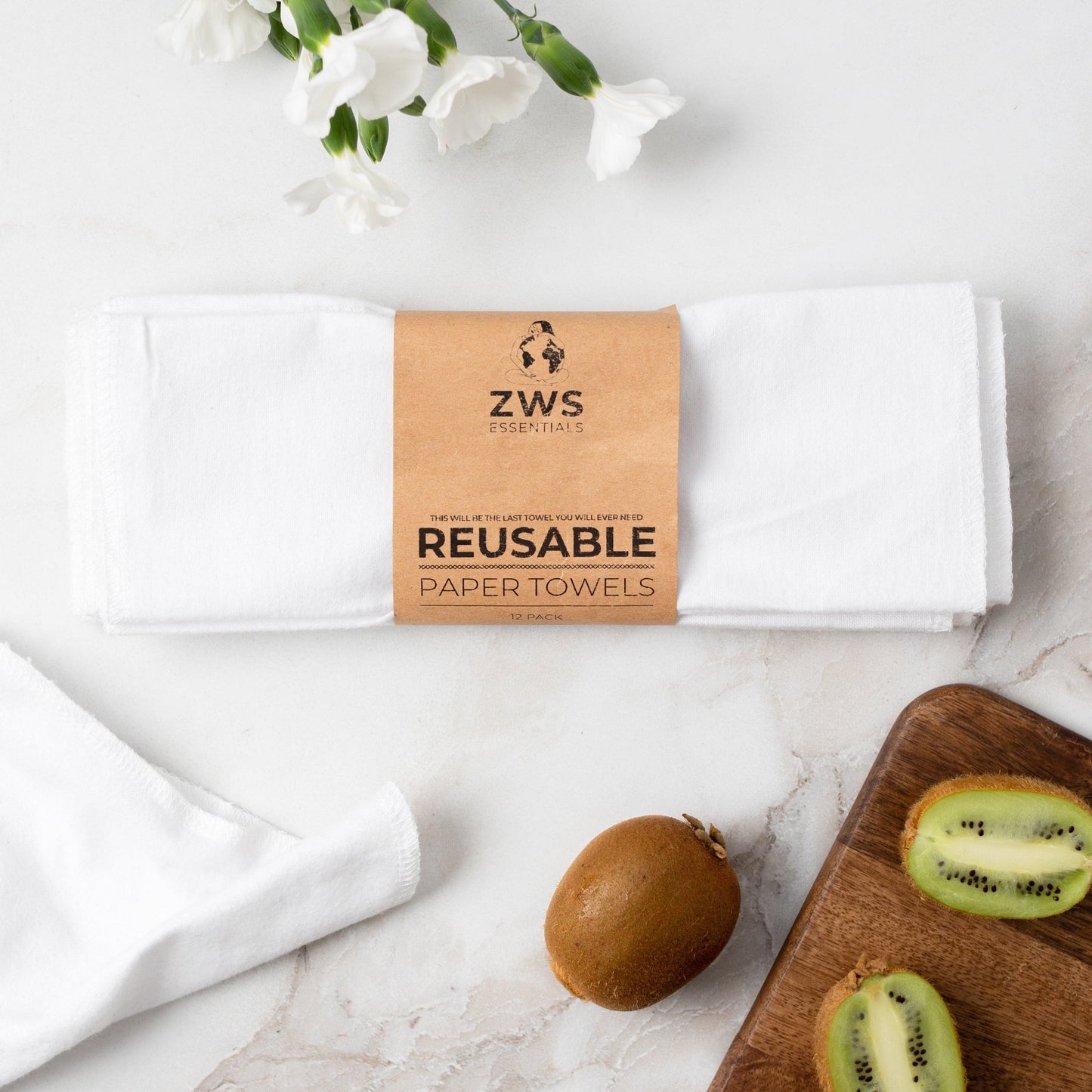 Set of 12 white reusable paper towels from ZeroWasteStore.com, eco-friendly cloth towels for sustainable cleaning and drying.