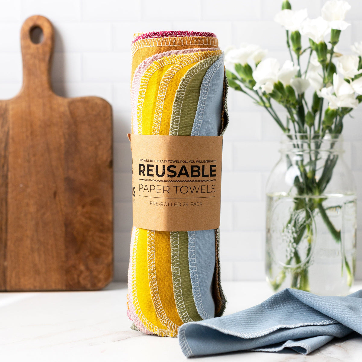 Set of 24 reusable paper towels in earth tone colors, eco-friendly cleaning cloths from ZeroWasteStore.com