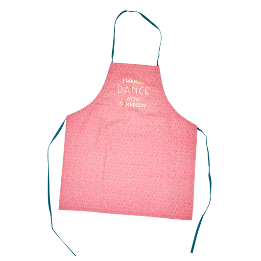 Pink cotton apron with a vibrant Marrakesh print from Rice By Rice, featuring a stylish and functional kitchen accessory.