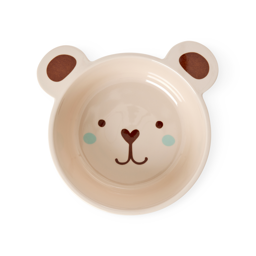 Melamine kids bowl with a brown bear print, 16.9oz capacity, by Rice by Rice, featuring a colorful animal design for children.