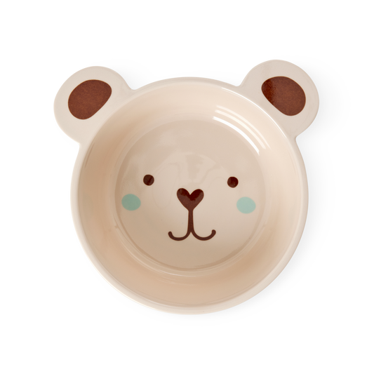 Melamine kids bowl with a brown bear print, 16.9oz capacity, by Rice by Rice, featuring a colorful animal design for children.