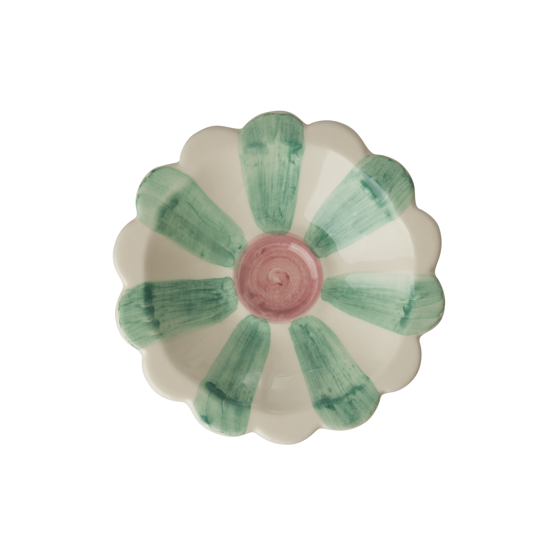 Ceramic flower dipping bowl by Rice, featuring soft green hand-painted stripes and a delicate floral design on a white background.