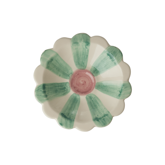 Ceramic flower dipping bowl by Rice, featuring soft green hand-painted stripes and a delicate floral design on a white background.
