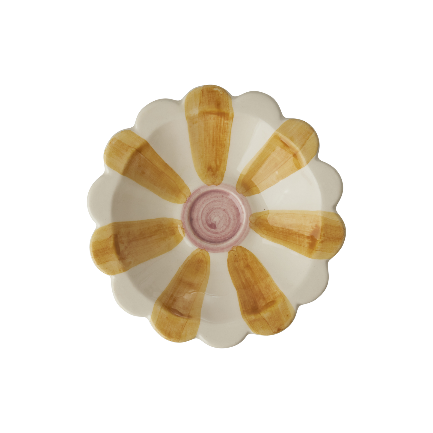 Ceramic flower dipping bowl by Rice By Rice with yellow hand-painted stripes and floral design, perfect for dipping or serving.