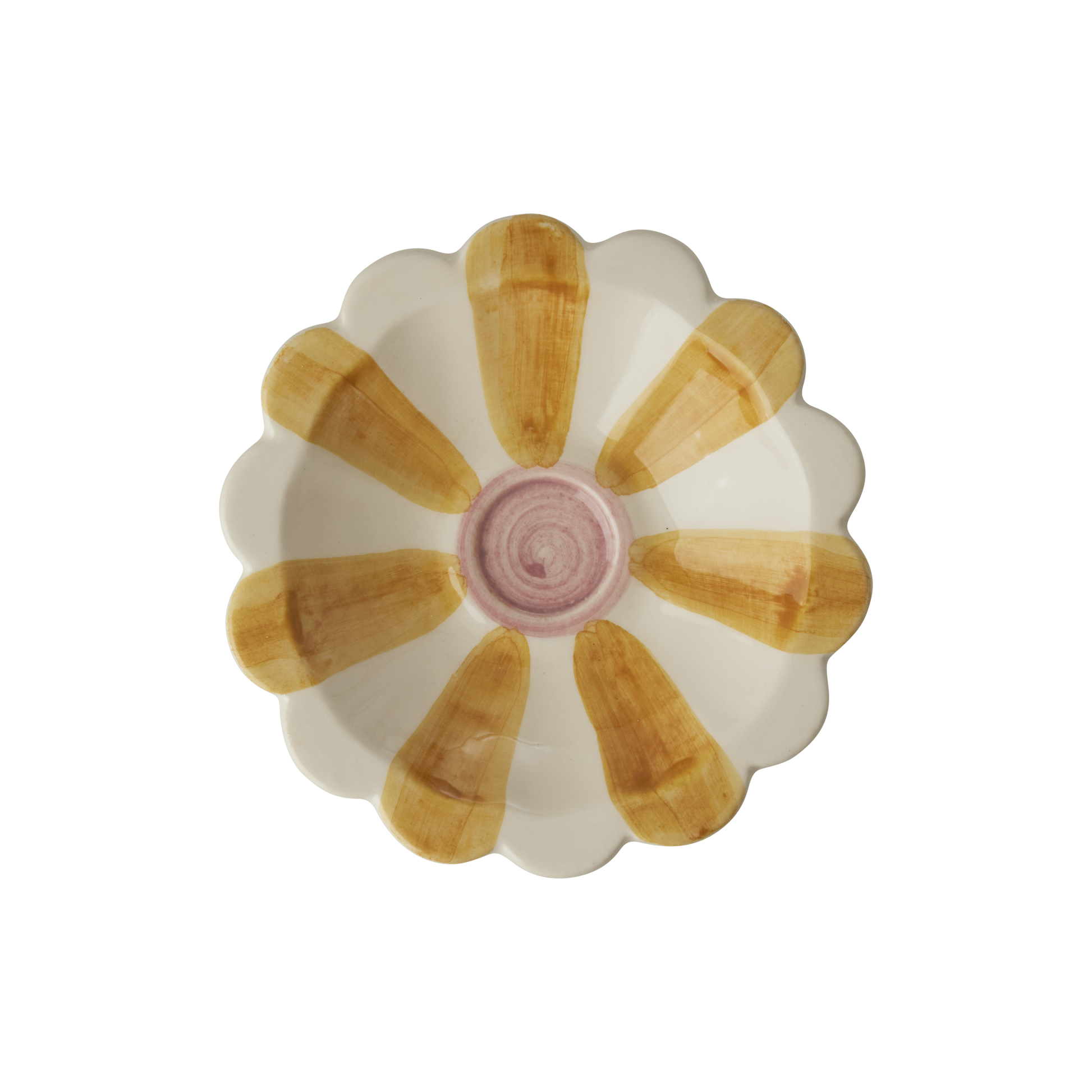 Ceramic flower dipping bowl by Rice By Rice with yellow hand-painted stripes and floral design, perfect for dipping or serving.