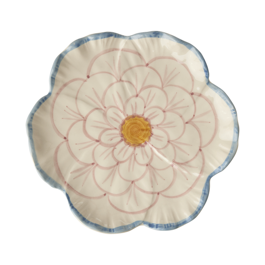 Ceramic flower-shaped side plate with blue border from Rice By Rice, featuring a floral design and elegant ceramic finish.