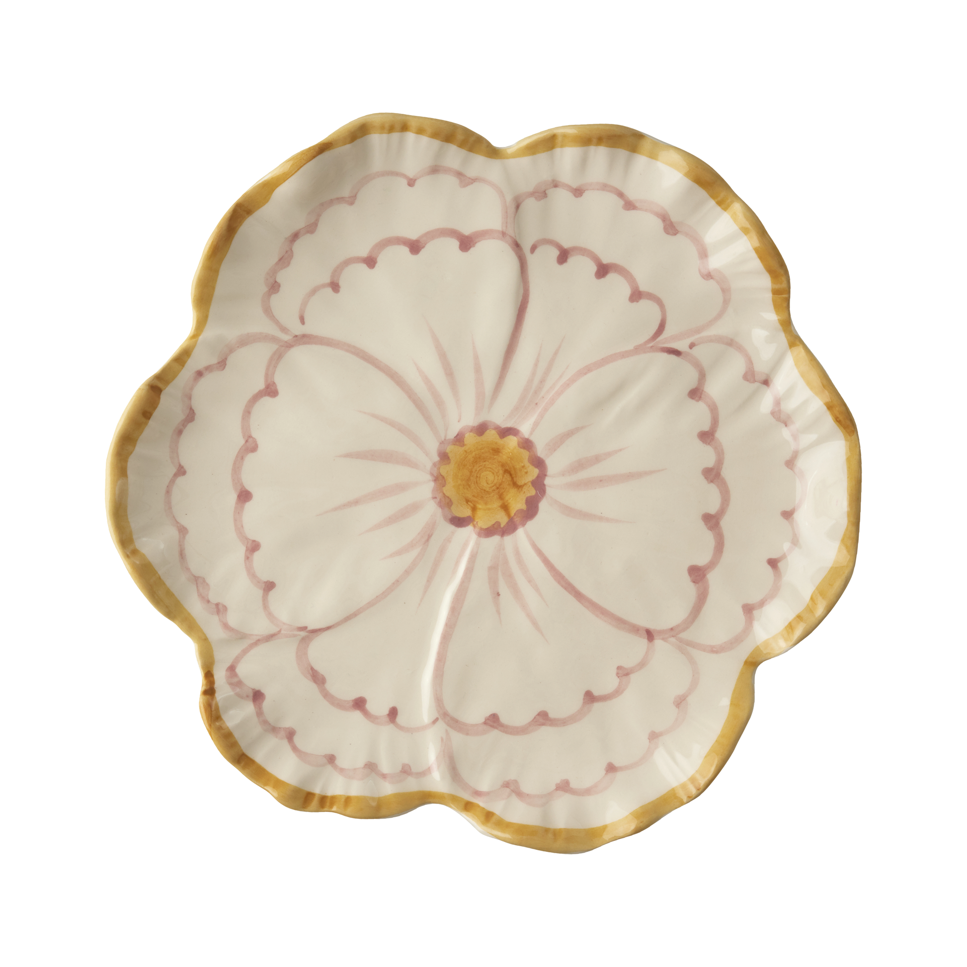Ceramic flower-shaped side plate with yellow border by Rice By Rice, decorative bowl for serving small dishes.