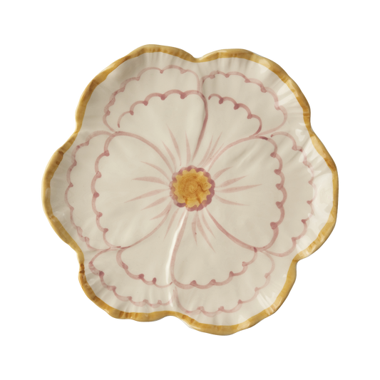 Ceramic flower-shaped side plate with yellow border by Rice By Rice, decorative bowl for serving small dishes.