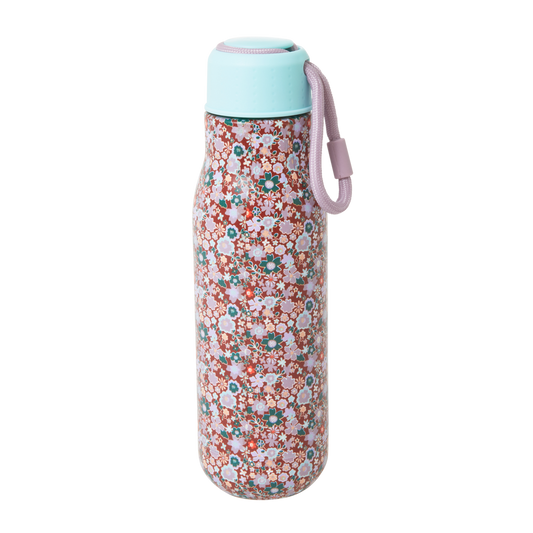 Stainless steel thermo bottle with floral print from Rice By Rice, designed as a stylish cup for hot or cold beverages.